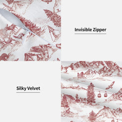Hidden zipper and velvet detail on a red winter countryside toile pillow cover