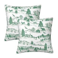 Set of two Christmas velvet pillow covers with green winter countryside toile on white