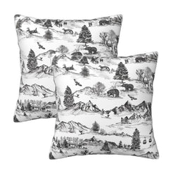 Set of two Christmas velvet pillow covers with black winter countryside toile on white