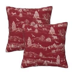 Set of two Christmas velvet pillow covers with white winter countryside toile on red