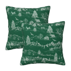 Set of two Christmas velvet pillow covers with white winter countryside toile on green