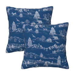 Set of two Christmas velvet pillow covers with white winter countryside toile on blue
