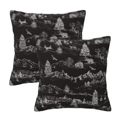 Set of two Christmas velvet pillow covers with white winter countryside toile on black