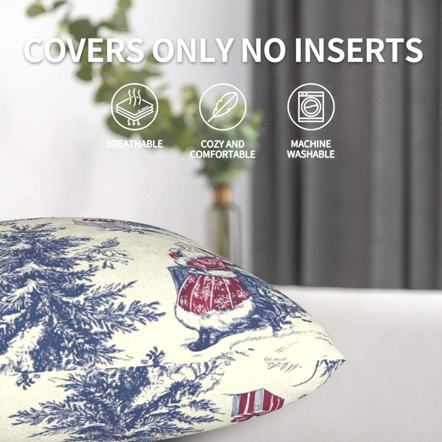 Christmas Toile Throw Pillow Covers 18x18 inch Set of 2 Xmas Santa Claus Decorative Cushion Covers