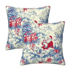 Set of two Christmas velvet pillow covers with blue winter trees, Santa and red gifts