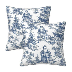 Set of two Christmas velvet pillow covers with blue children in a winter forest