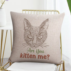 Linen-look pillow cover with cat and Are You Kitten Me quote, styled on a chair
