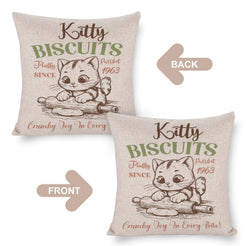 Front and reverse views of a linen-look pillow cover with Kitty Biscuits cat illustration