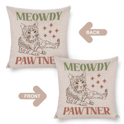 Front and reverse views of a linen-look pillow cover with Meowdy Pawtner cat illustration