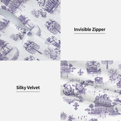Hidden zipper and velvet detail on a pillow cover with New Orleans landmarks in purple toile on white
