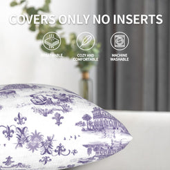 Velvet pillow cover with New Orleans landmarks in purple toile on white, shown without an insert
