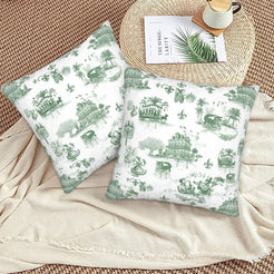 Mardi Gras velvet pillow covers with New Orleans toile in green on white, styled on a floor cushion