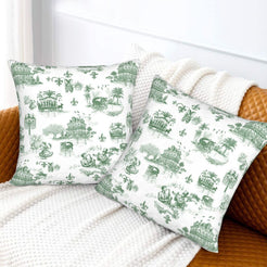 Mardi Gras velvet pillow covers with New Orleans toile in green on white, styled on a bed