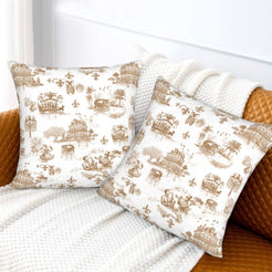 Mardi Gras velvet pillow covers with New Orleans toile in tan on white, styled on a bed