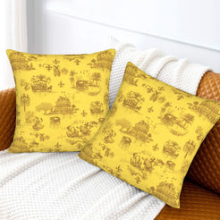 Mardi Gras velvet pillow covers with New Orleans toile in brown on mustard yellow, styled on a floor cushion