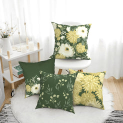 Dark green floral pillow covers styled in a bright room