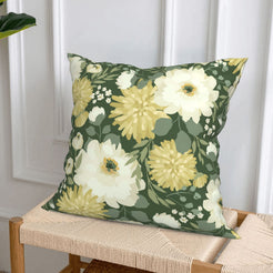 Dark green white-flower short-pile plush pillow cover styled on a woven chair