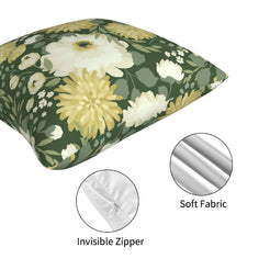 Hidden zipper and soft fabric detail on a dark green floral pillow cover