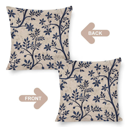 HOSTECCO Block Print Throw Pillow Covers 18x18 inch Set of 2 Blue Floral Botanical Pillow Cases Vintage Flowers Decorative Cushion Covers for Sofa Couch