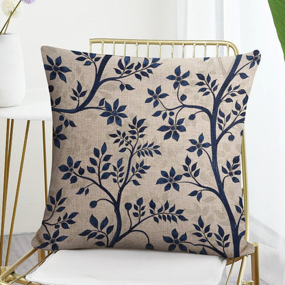 HOSTECCO Block Print Throw Pillow Covers 18x18 inch Set of 2 Blue Floral Botanical Pillow Cases Vintage Flowers Decorative Cushion Covers for Sofa Couch