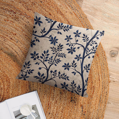 HOSTECCO Block Print Throw Pillow Covers 18x18 inch Set of 2 Blue Floral Botanical Pillow Cases Vintage Flowers Decorative Cushion Covers for Sofa Couch