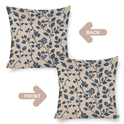 HOSTECCO Block Print Throw Pillow Covers 18x18 inch Set of 2 Blue Floral Botanical Pillow Cases Vintage Flowers Decorative Cushion Covers for Sofa Couch
