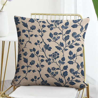 HOSTECCO Block Print Throw Pillow Covers 18x18 inch Set of 2 Blue Floral Botanical Pillow Cases Vintage Flowers Decorative Cushion Covers for Sofa Couch