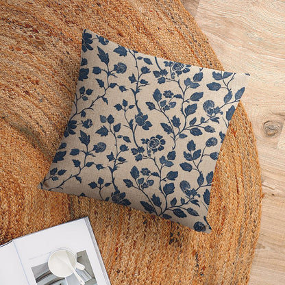 HOSTECCO Block Print Throw Pillow Covers 18x18 inch Set of 2 Blue Floral Botanical Pillow Cases Vintage Flowers Decorative Cushion Covers for Sofa Couch