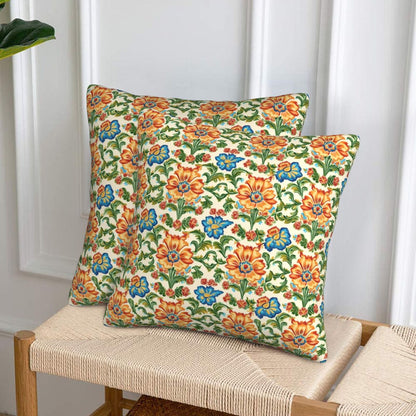 HOSTECCO Ethnic Floral Throw Pillow Covers 18x18 inch Set of 2 Flowers Pillow Cases Vintage Damask Tapestry Decorative Cushion Covers for Sofa Couch