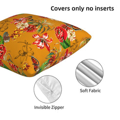 Close-up of hidden zipper and soft velvet texture on velvet pillow cover with red flowers and butterflies on mustard