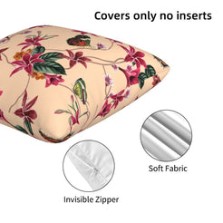 Close-up of hidden zipper and soft velvet texture on velvet pillow cover with burgundy flowers and butterflies on blush