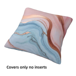 Single short-pile plush pillow cover with blush, blue and rose gold marble designs, shown without an insert
