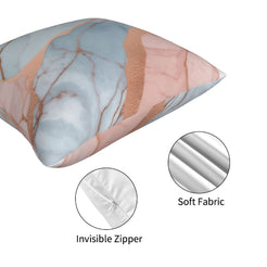 Zipper and fabric detail on a short-pile plush pillow cover with peach, blush and blue marble designs