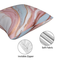 Zipper and fabric detail on a short-pile plush pillow cover with blush, blue and rose marble designs