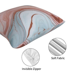 Zipper and fabric detail on a short-pile plush pillow cover with blush, blue and gold marble designs