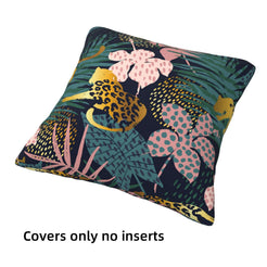 Short-pile plush pillow cover with dark tropical leaves and leopard spots, shown without an insert