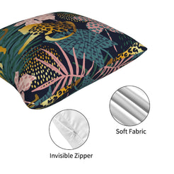 Close-up of hidden zipper detail on short-pile plush pillow cover with dark tropical leaves and leopard spots