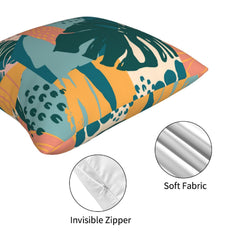 Close-up of hidden zipper detail on short-pile plush pillow cover with coral, teal and mustard tropical leaves