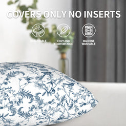 Toile floral velvet pillow cover with blue birds and wildflowers on white, shown without an insert