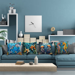 Coastal short-pile plush pillow covers with dolphins, koi fish, jellyfish and seahorses, styled in a modern living room