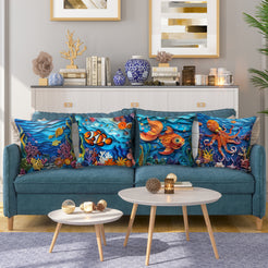 Coastal short-pile plush pillow covers with sea turtles, clownfish, octopuses and coral reefs, styled on a blue sofa