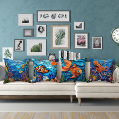Coastal short-pile plush pillow covers with sea turtles, clownfish, octopuses and coral reefs, styled on a white sofa