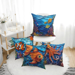 Coastal short-pile plush pillow covers with sea turtles, clownfish, octopuses and coral reefs, styled in a bright room