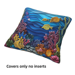 Sea turtle and coral reef short-pile plush pillow cover shown without an insert