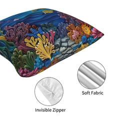 Hidden zipper and short-pile plush detail on a sea turtle and coral reef pillow cover
