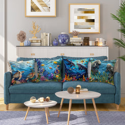 Coastal short-pile plush pillow covers with sea turtles, tropical fish, whales and manatees, styled on a blue sofa