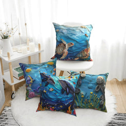 Coastal short-pile plush pillow covers with sea turtles, tropical fish, whales and manatees, styled in a bright room