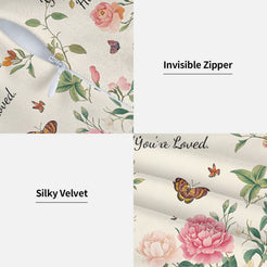 Hidden zipper and soft velvet detail on a pillow cover with cream floral pattern and heartfelt love quote