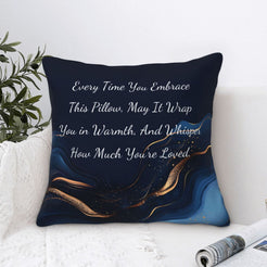 Velvet pillow cover with navy blue marble pattern and heartfelt love quote, styled by a window