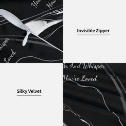 Hidden zipper and soft velvet detail on a pillow cover with black marble pattern and heartfelt love quote